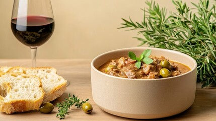 Elegant Traditional Spanish lamb stew served with crusty bread olives and a glass of red wine on a rustic wooden table Easter feast ambiance 