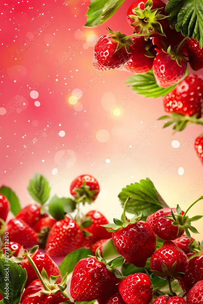 Poster close-up view of fresh strawberries with vibrant background and soft bokeh effect