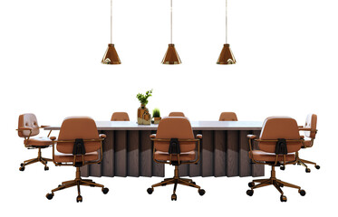 Office meeting setup with brown leather chairs, wooden table, and pendant lights on white...