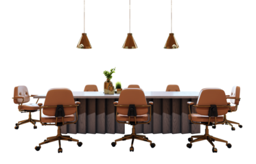 Office meeting setup with brown leather chairs, wooden table, and pendant lights on white background. Interior design and workspace concept. 3D Rendering.