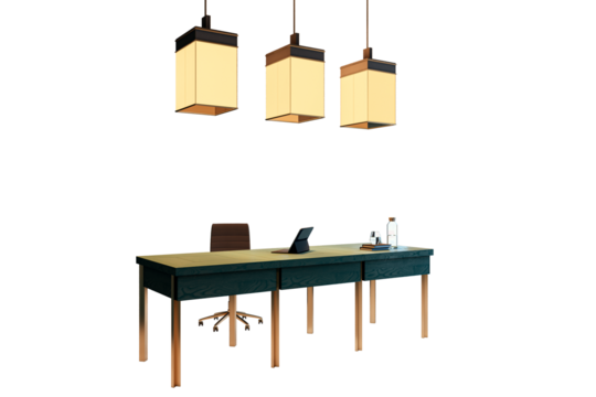 Office desk with chair, tablet, books, and decor under three pendant lights, isolated on white background. Elegant workspace concept. 3D Rendering