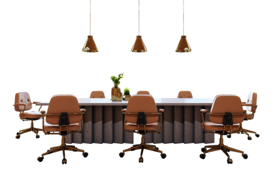 Office meeting setup with brown leather chairs, wooden table, and pendant lights on white background. Interior design and workspace concept. 3D Rendering.