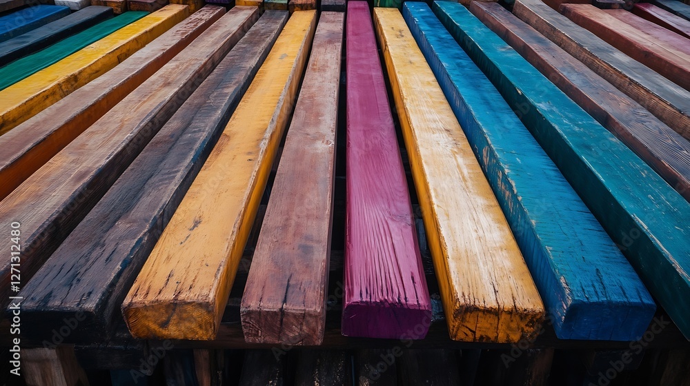 Leinwandbilder vibrant display of colorful wooden planks arranged in a striking pattern at workshop : generative ai