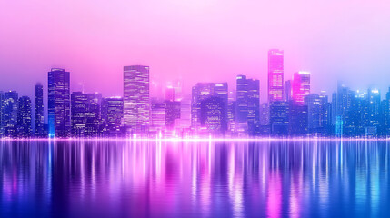 Fototapeta premium Vibrant Skyline Illumination Reflecting on Calm Waters at Night Time Panorama Captivating Scene