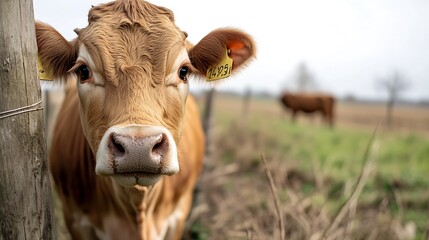 Curious Brown Cow Staring at the Camera in a Serene Farm Landscape : Generative AI