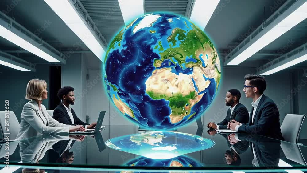 Poster businesspeople in modern office discussing rotating holographic projection of planet earth, showcasi