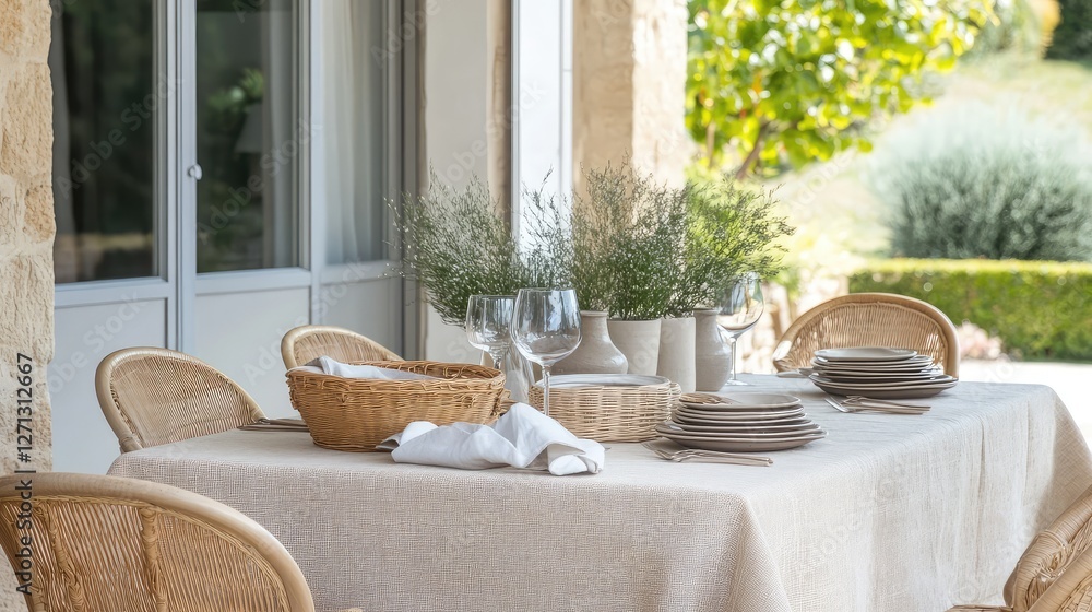 Poster simple beige linen tablecloth with a rustic texture, draped over a farmhouse table, creating a cozy 