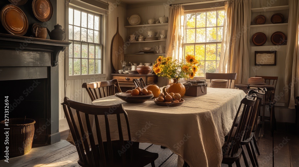 Poster simple beige linen tablecloth with a rustic texture, draped over a farmhouse table, creating a cozy 