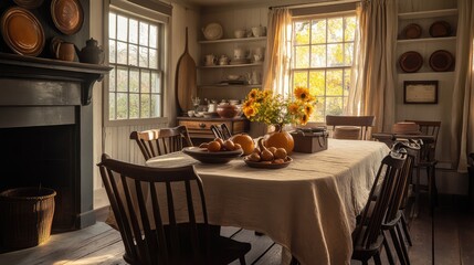 Simple beige linen tablecloth with a rustic texture, draped over a farmhouse table, creating a cozy and inviting setting.