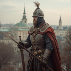 Fototapeta premium Medieval warrior in armor holding a sword against historical backdrop