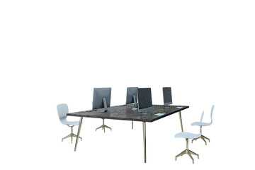 Contemporary office furniture setup with sleek desk, chairs, and computers on white background. Clean and minimalist interior design concept. 3D Rendering