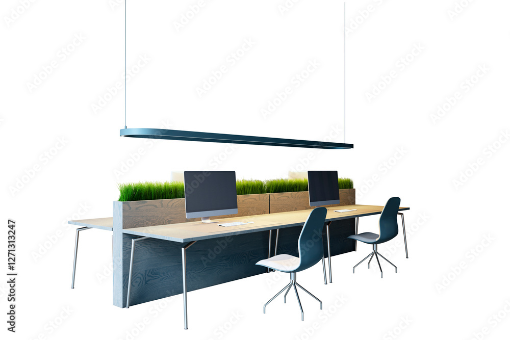 Poster office desk setup with chairs, computers, and greenery divider, isolated on white background. clean 