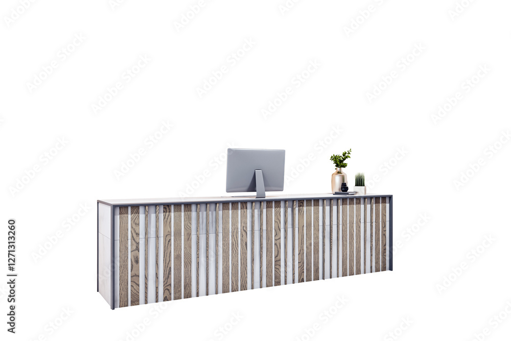 Poster stylish reception desk with a contemporary wood and white panel design, featuring a computer and dec
