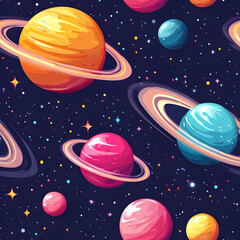 Colorful illustration of planets in a starry space background.