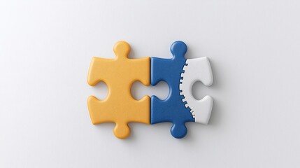 Obraz premium Close-Up View of Interconnected Yellow and Blue Jigsaw Puzzle Pieces on Neutral Background
