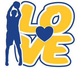 Love - golden yellow and blue with basketball’s player, sport vector graphics for street art - graffiti lettering typography - art illustration - multicolor - writen Word -	