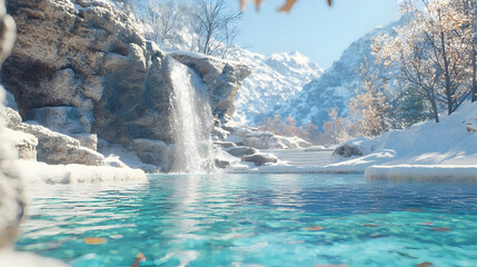 Winter waterfall pool, snowy mountains, serene landscape, nature background, travel poster