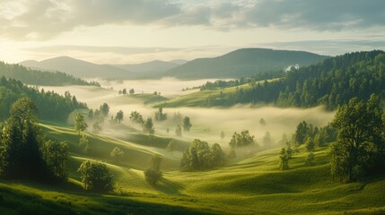 Misty Morning in a Rolling Green Valley
