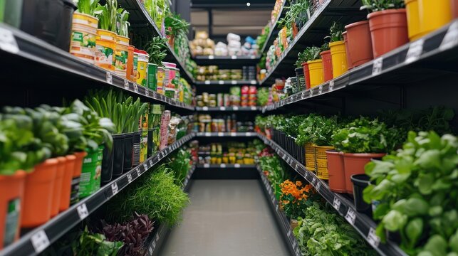 Grocery Store Aisle with Fresh Herbs and Canned Goods