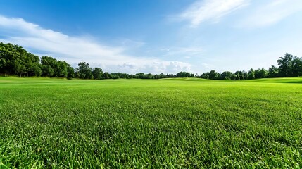 Fototapeta premium Vast Green Grass Field Under Bright Blue Sky with Fluffy Clouds on a Sunny Day : Generative AI