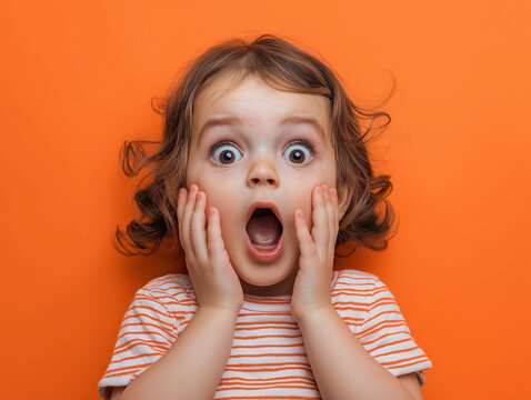 studio portrait of scared young child isolated on orange background