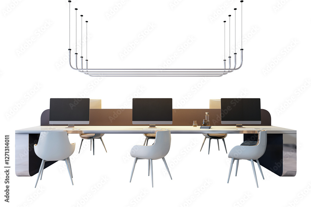 Poster Contemporary office desk setup with computers and chairs, featuring a sleek suspended light fixture, isolated on a white background. 3D Rendering.