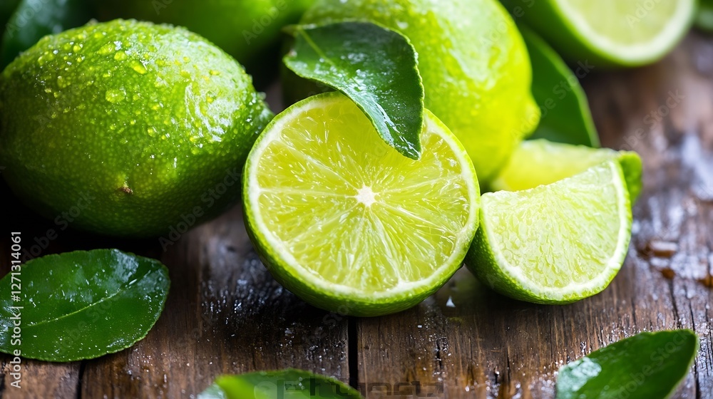 Aufkleber fresh lime fruits sliced open on wooden table with vibrant green leaves around them : generative ai