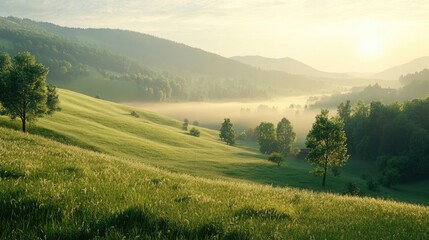 Misty Mountain Meadow at Sunrise