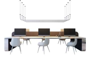 Contemporary office desk setup with computers and chairs, featuring a sleek suspended light fixture, isolated on a white background. 3D Rendering.