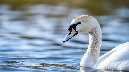 Obraz premium A serene closeup of a majestic swan gracefully swimming in calm blue water : Generative AI