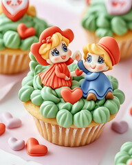 Obraz premium Cute couple fondant figurines on Valentine's cupcakes