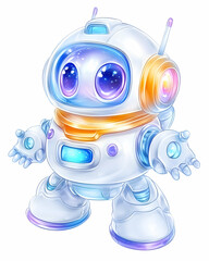 Cute robot welcomes, space background, digital art, kids' book illustration
