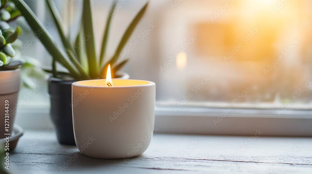 Fototapete serene atmosphere with a lit candle by the window creating a warm glow and peaceful ambiance in a co