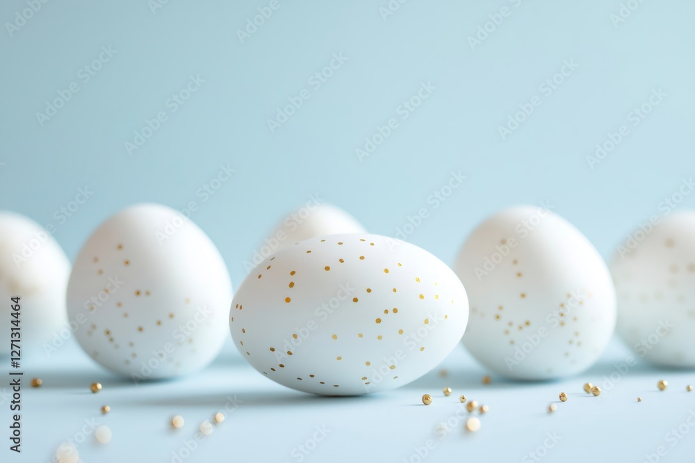Aufkleber white eggs adorned with tiny gold dots are artistically arranged on a soft blue background, creating