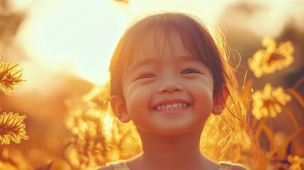 Fototapeta premium A smiling child, framed by golden sunlight and flowers, radiates warmth and joy amidst a vivid, sunlit field.