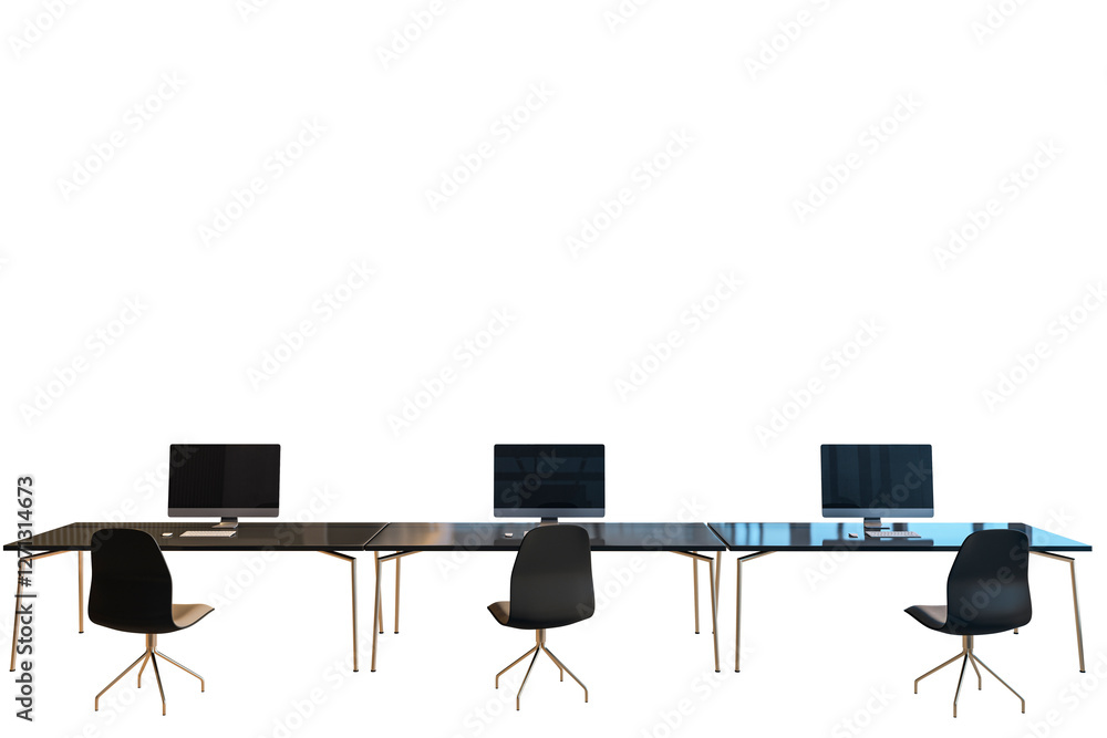Poster office workstation setup with black chairs, glass desks, and computers on a white background. minima