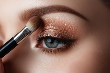 Naklejka premium Woman Applying Metallic Eyeshadow with a Soft Blending Brush for a Glamorous Makeup Look