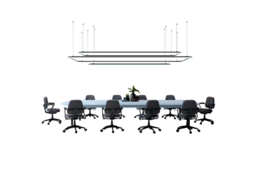 Conference table with black office chairs, modern suspended lighting, and decorative elements on a white background. Interior design concept. 3D Rendering.