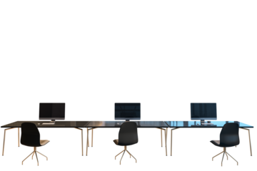 Office workstation setup with black chairs, glass desks, and computers on a white background. Minimalist interior design concept. 3D Rendering