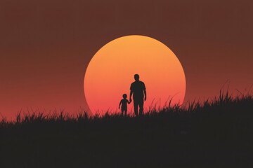 Fototapeta premium Silhouette of father and son holding hands, walking in a field of grass against a beautiful, large setting sun
