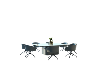 Office meeting table with six black chairs, glass top, and plant centerpiece, isolated on white background. Concept of workspace and business. 3D Rendering