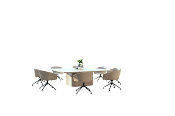 Conference table with beige swivel chairs and a decorative plant on a white background. Clean design concept. 3D Rendering