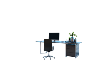 Modern office desk setup with computer, chair, and decorations on white background. Clean and minimalistic furniture design for workspace layout. 3D Rendering.