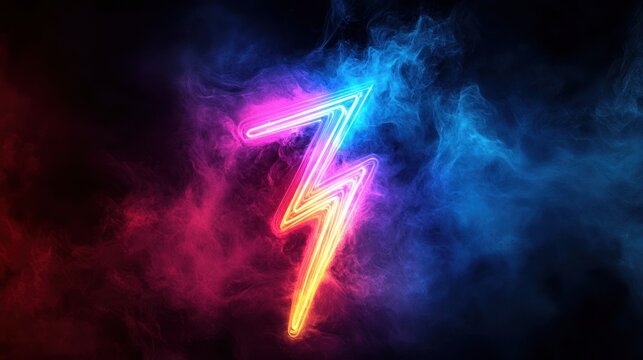 A neon lightning bolt icon glowing against an isolated dark background, with colorful light effects and smoke.