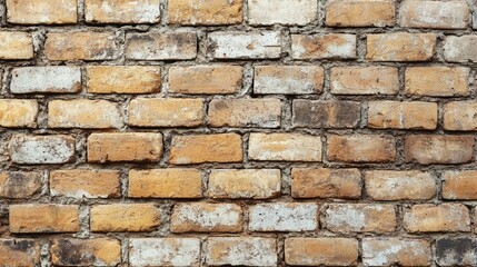 Fototapeta premium Sun-faded aged brick wall background with warm ochre tones and natural wear, creating a countryside charm.
