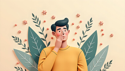 Illustrated man suffering from seasonal allergies with pollen around