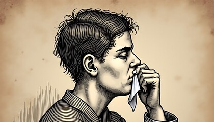 Obraz premium Vintage illustration of a man holding a handkerchief while sneezing