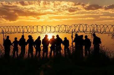 Silhouetted Figures Gaze at Sunset Beyond Barbed Wire Fence: A poignant scene of hope and despair, symbolizing migration and barriers.