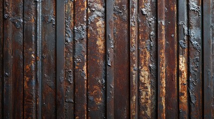 Tarnished old iron sheet background with deep grooves, weathered oxidation spots, and rough industrial patterns.