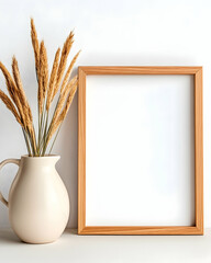 Empty frame mockup, beige vase, pampas grass, white wall